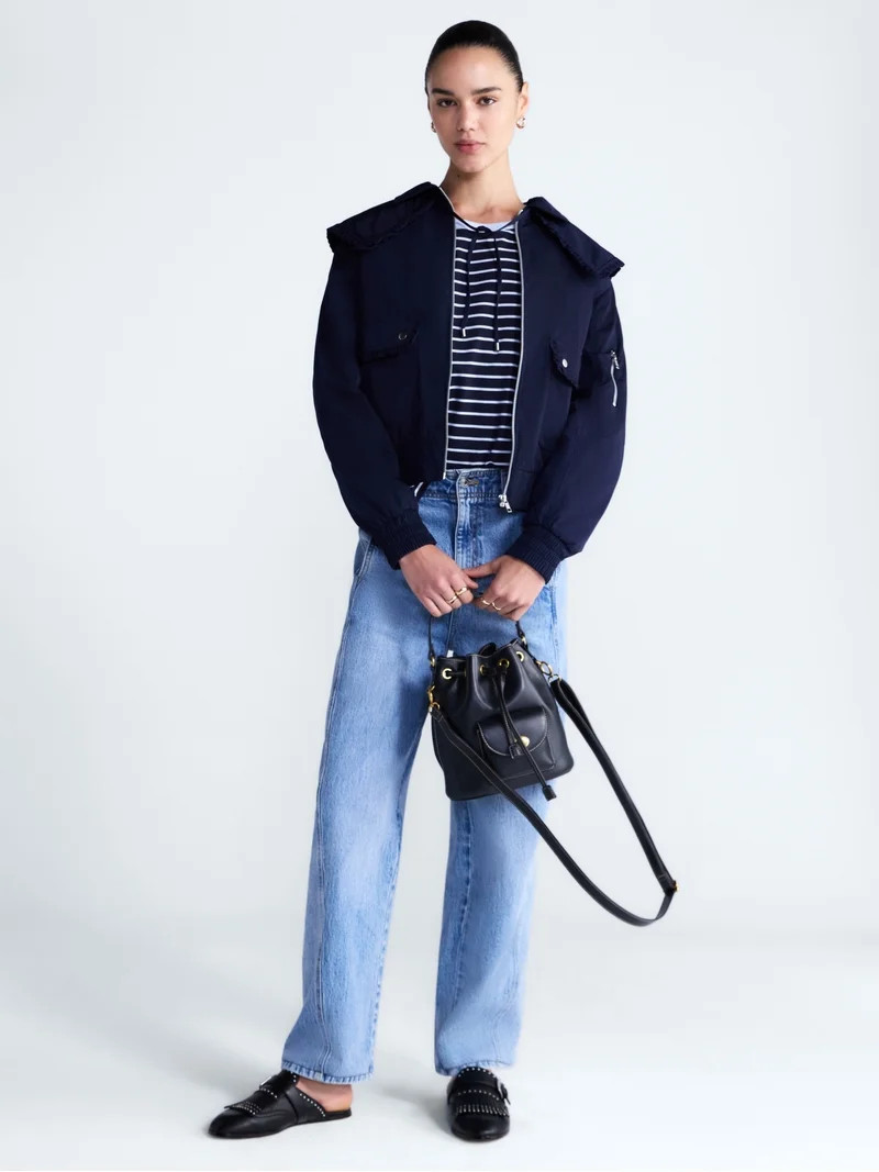 Free Assembly Women's and Women's Plus Ruffle Collar Bomber Jacket, Sizes XS-4X | Walmart (US)