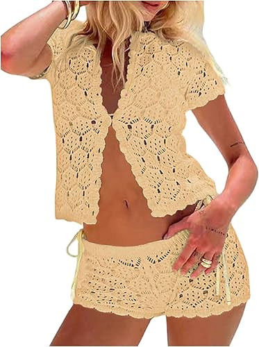 GORGLITTER Women's Crochet Short Sets Short Sleeve Button Down Cardigan Top and Shorts Vacation O... | Amazon (US)