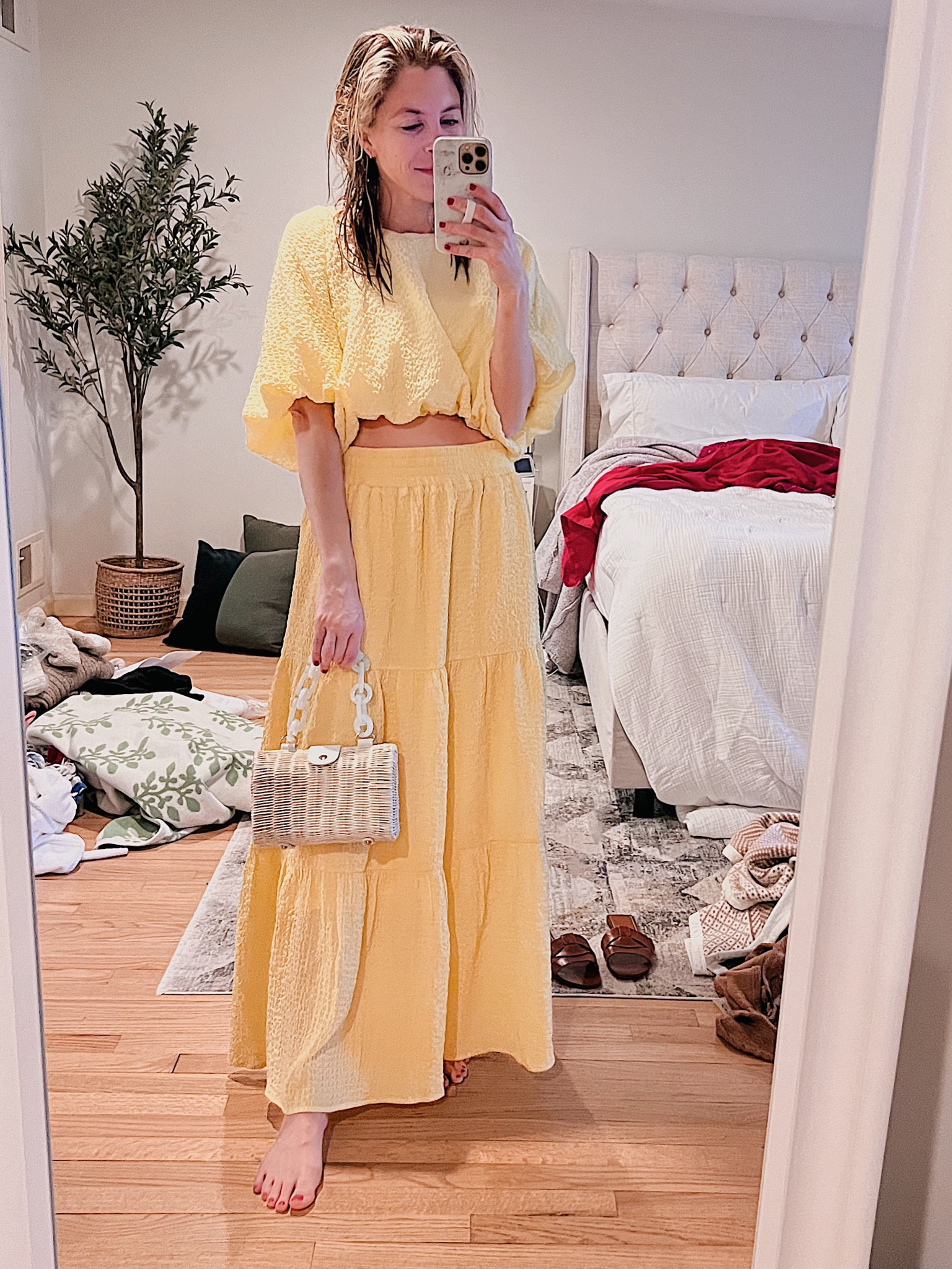 A few more sizes are available again! Wearing an XS in both pieces. I wouldn’t say this purse is worth the cost but it was what I needed for a wedding last year and I bought it on sale from another retailer  