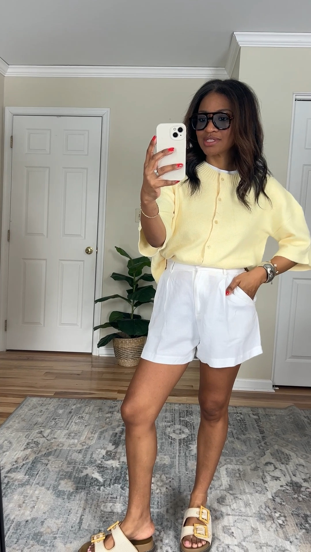 Size medium in cardigan. Shorts are a size small or 27/4 but linking similar. Shoes are TTS
 #ltkootd #ltkover40 #ltkgrwm

