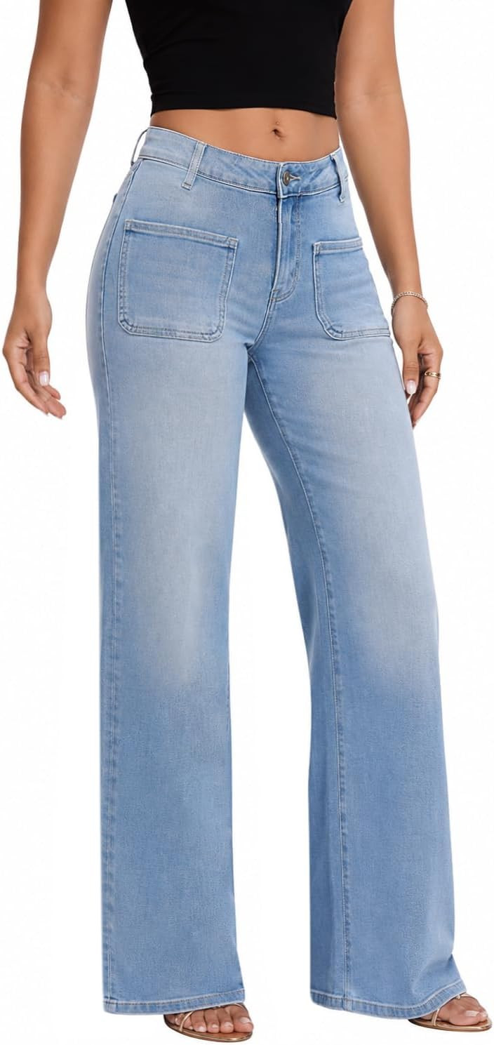 ONESO Wide Leg Jeans for Women Mid Low Rise Baggy Stretchy Denim Pants | Amazon (US)