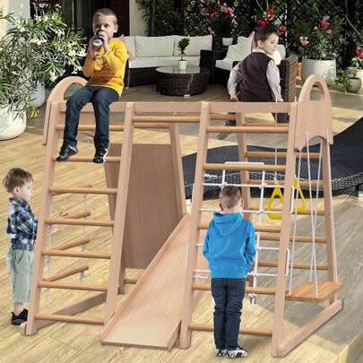 Indoor Playground 7-In-1 Jungle Gym Playset For Kids 2-6yrs - Slide, Climbing Wall, Rope Wall Climber, Monkey Bars, Swing - Waldorf And Montessori Sty | SHEIN