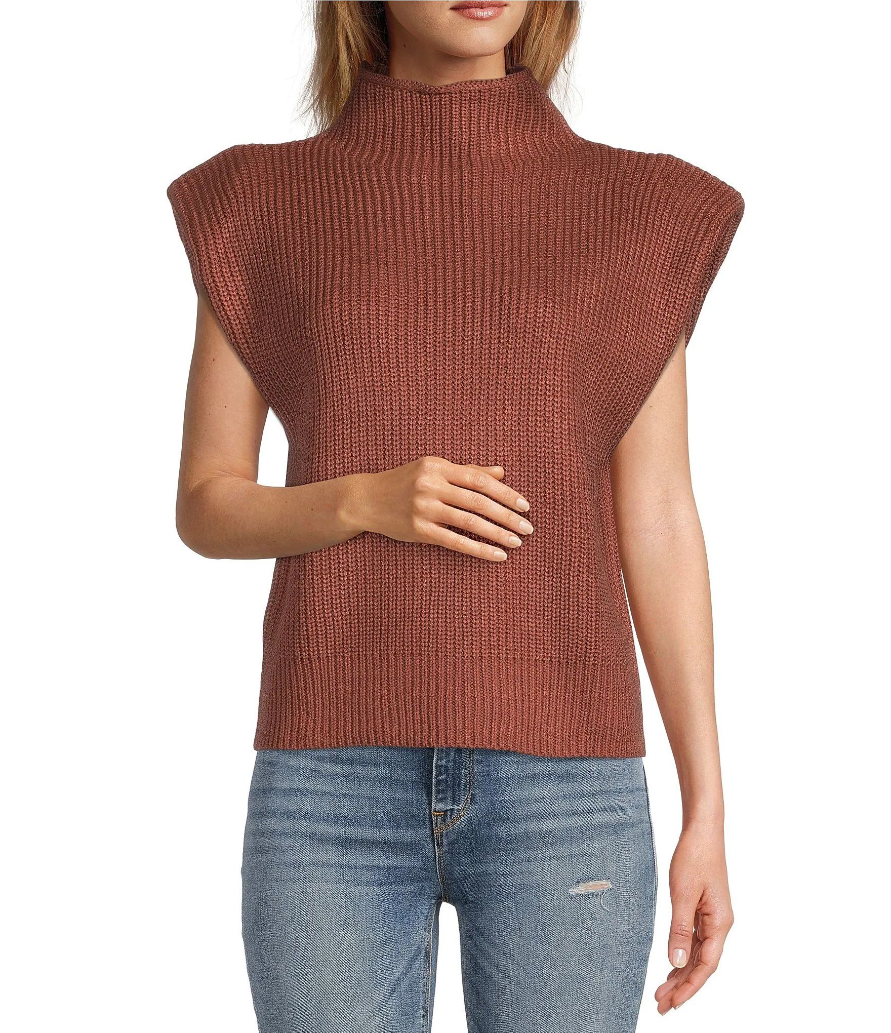 Karalie Ribbed Knit Mock Neck Sleeveless Shoulder Pad Sweater | Dillard's