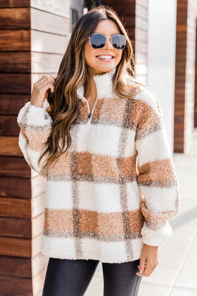 A Round Of Applause Plaid Sherpa Tan Pullover SALE | The Pink Lily Boutique