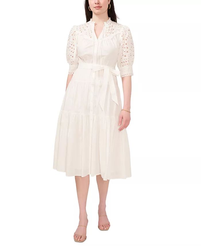 Women's Cotton Eyelet Short Puff Sleeve Midi Dress | Macy's