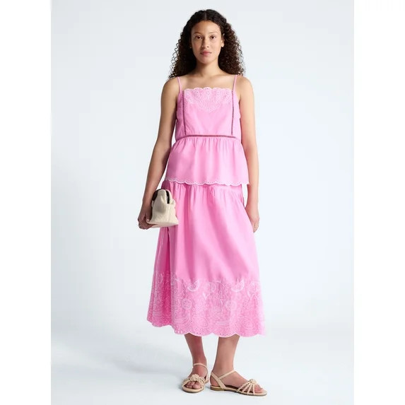 Free Assembly Women's Tie Waist Embroidered Cotton Midi Skirt, Sizes XS-XXL | Walmart (US)