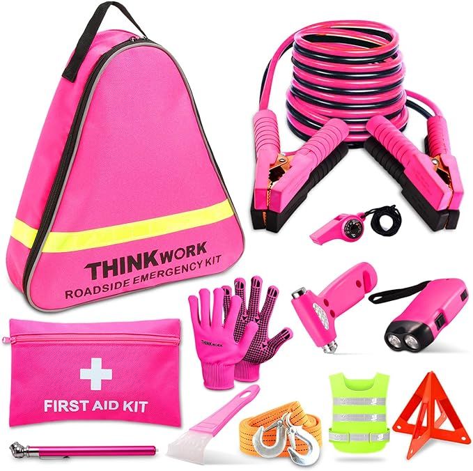 THINKWORK Car Emergency Kit for Teen Girl and Lady's Gifts, Pink Emergency Roadside Assistance ki... | Amazon (US)