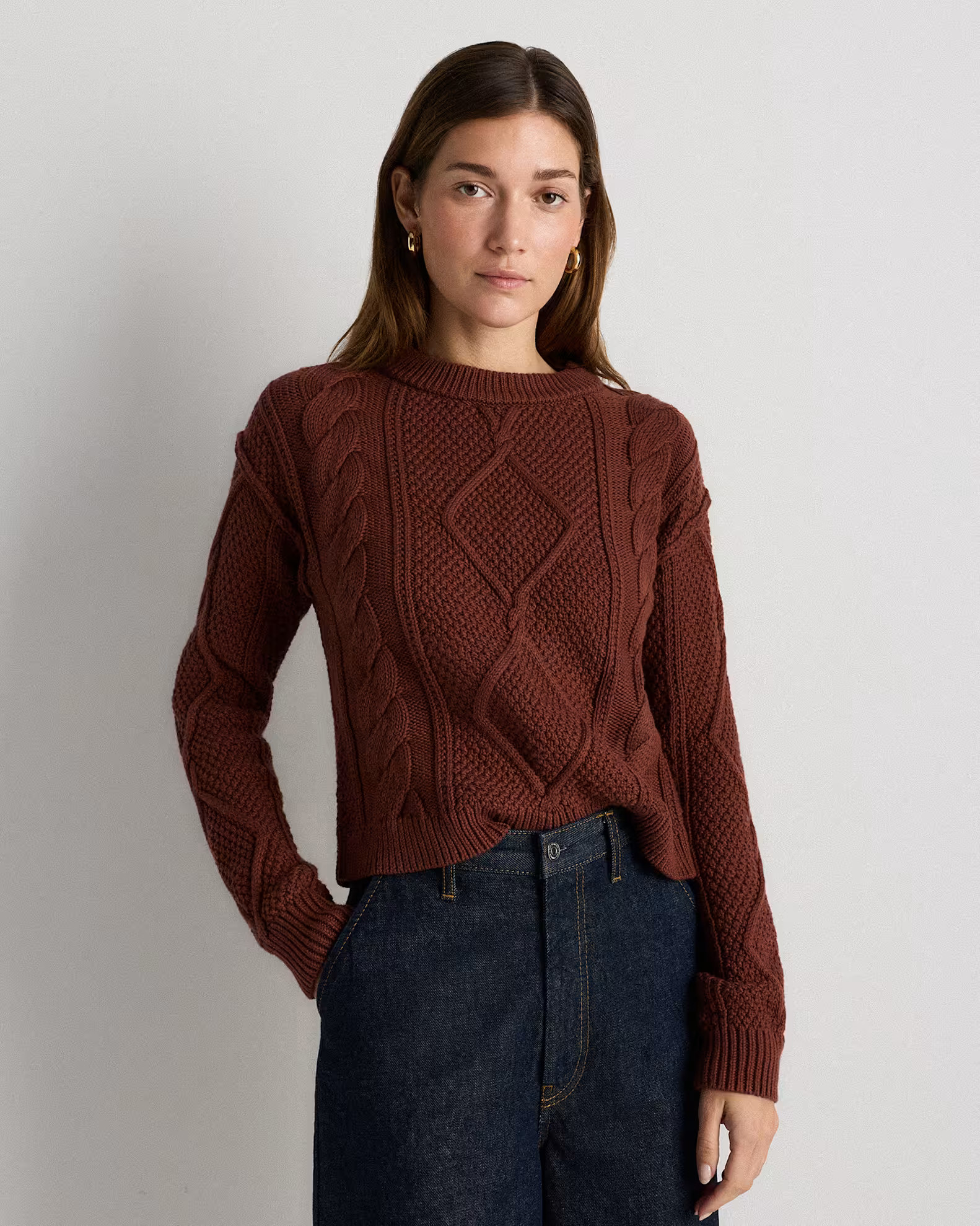 100% Organic Cotton Cropped Cable Crew Sweater in Redwood Brown | Quince