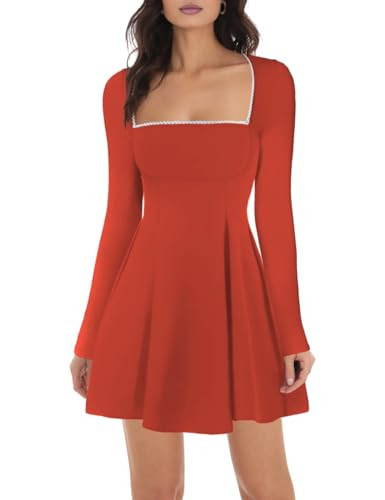 Lrady Women's Sexy Square Neck Bodice Skater A Line Mini Club Cocktail Party Swing Dress, Red, Medium | Amazon (US)