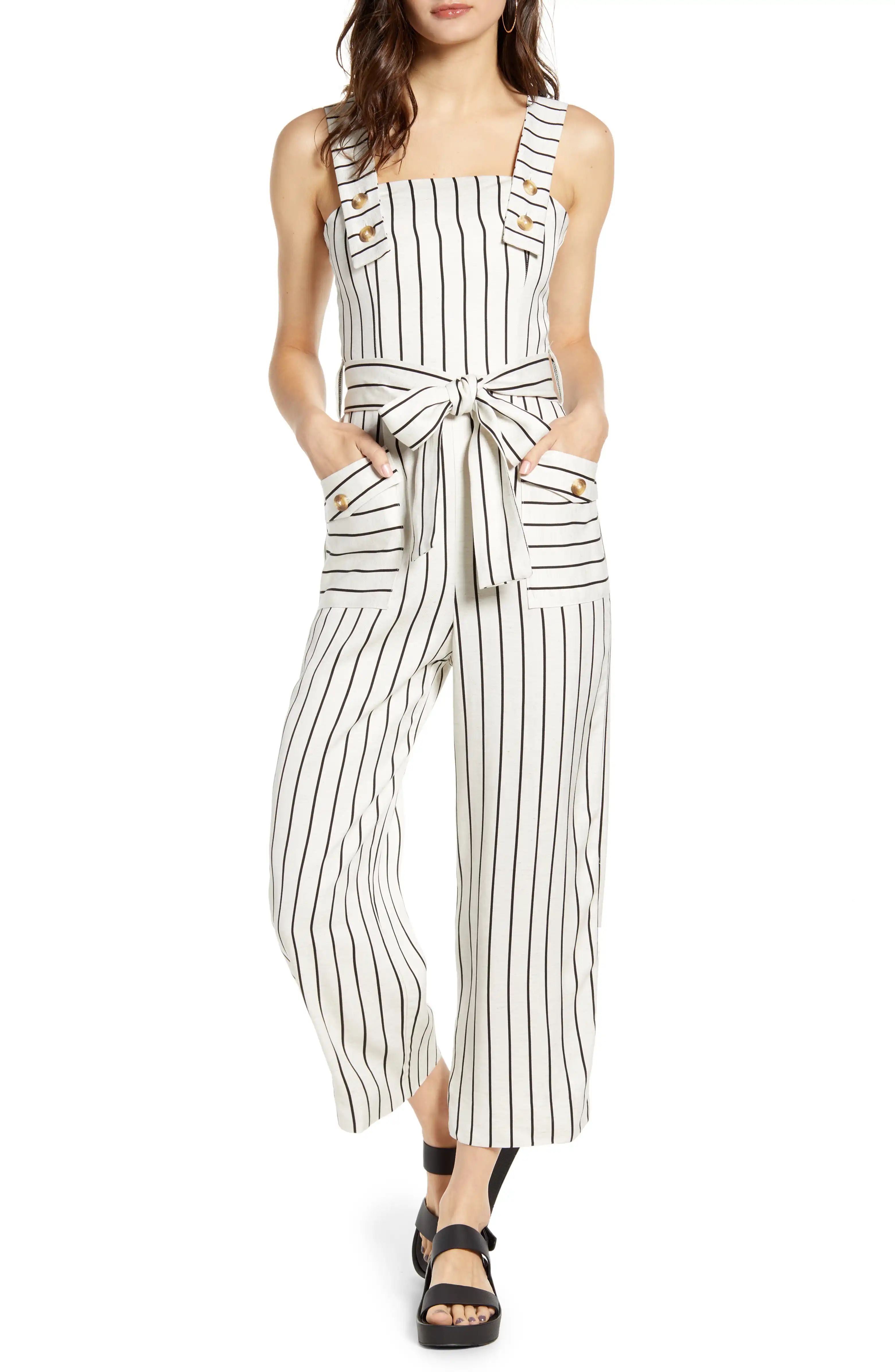 Stripe Tie Waist Wide Leg Crop Linen Blend Jumpsuit | Nordstrom