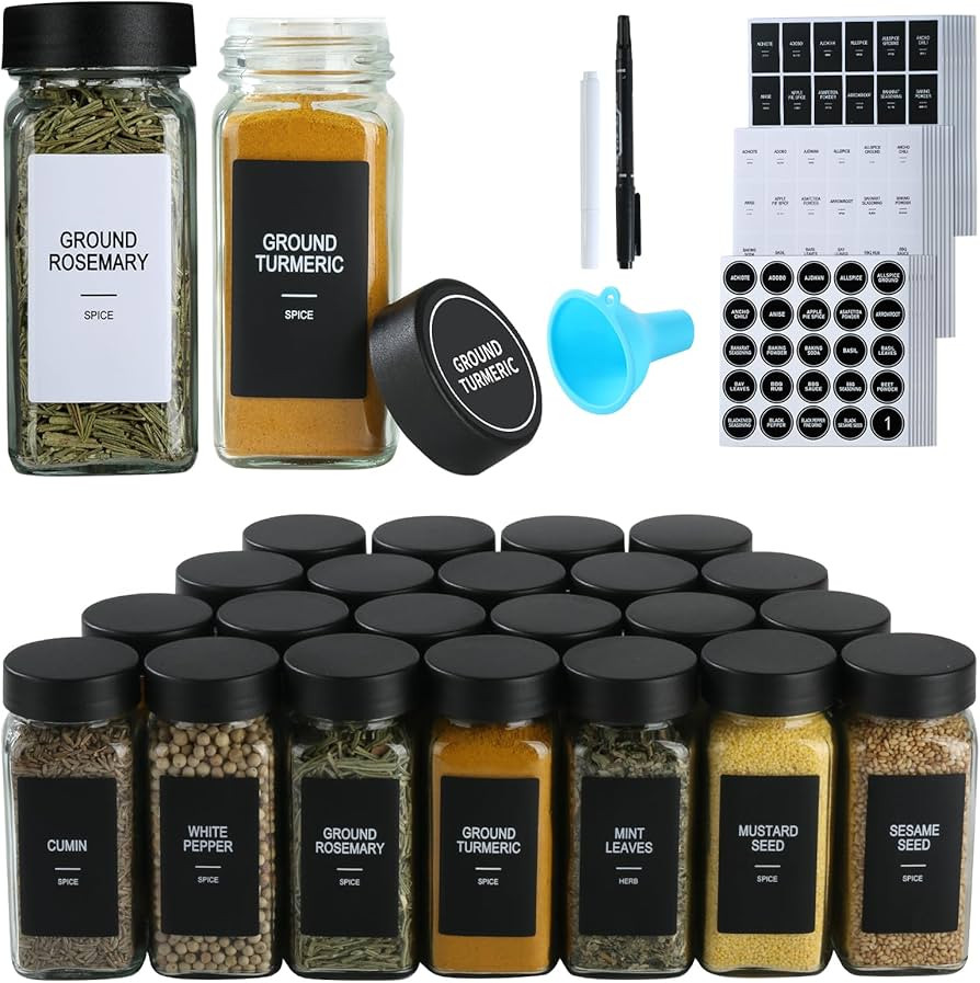 24 Glass Spice Jars with Labels,Spice Jar Set,4oz Seasoning Containers,Spice Containers with Blac... | Amazon (US)