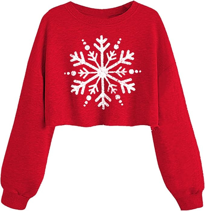 Women's Funny Christmas Graphic Crop Sweatshirts Xmas Holiday Party Casual Lantern Long Sleeve Pu... | Amazon (US)