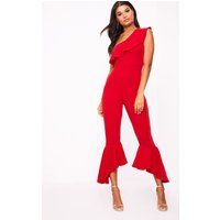 Red One Shoulder Frill Detail Flared Ankle Jumpsuit | PrettyLittleThing US