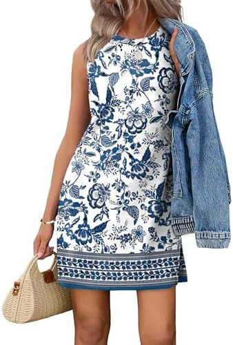 WIHOLL Casual Dresses for Women Crewneck Sleeveless Tank Dress Summer Spring Boho Vacation Clothe... | Amazon (US)