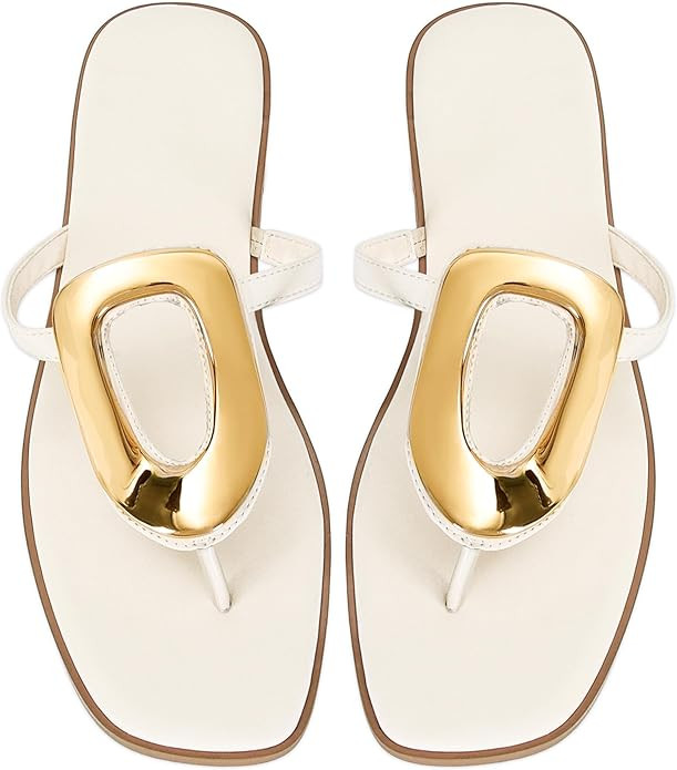 Flip-Flops for Women Thong Sandals Flat Black Slip on Slides Leather Beach Comfort Open Square To... | Amazon (US)