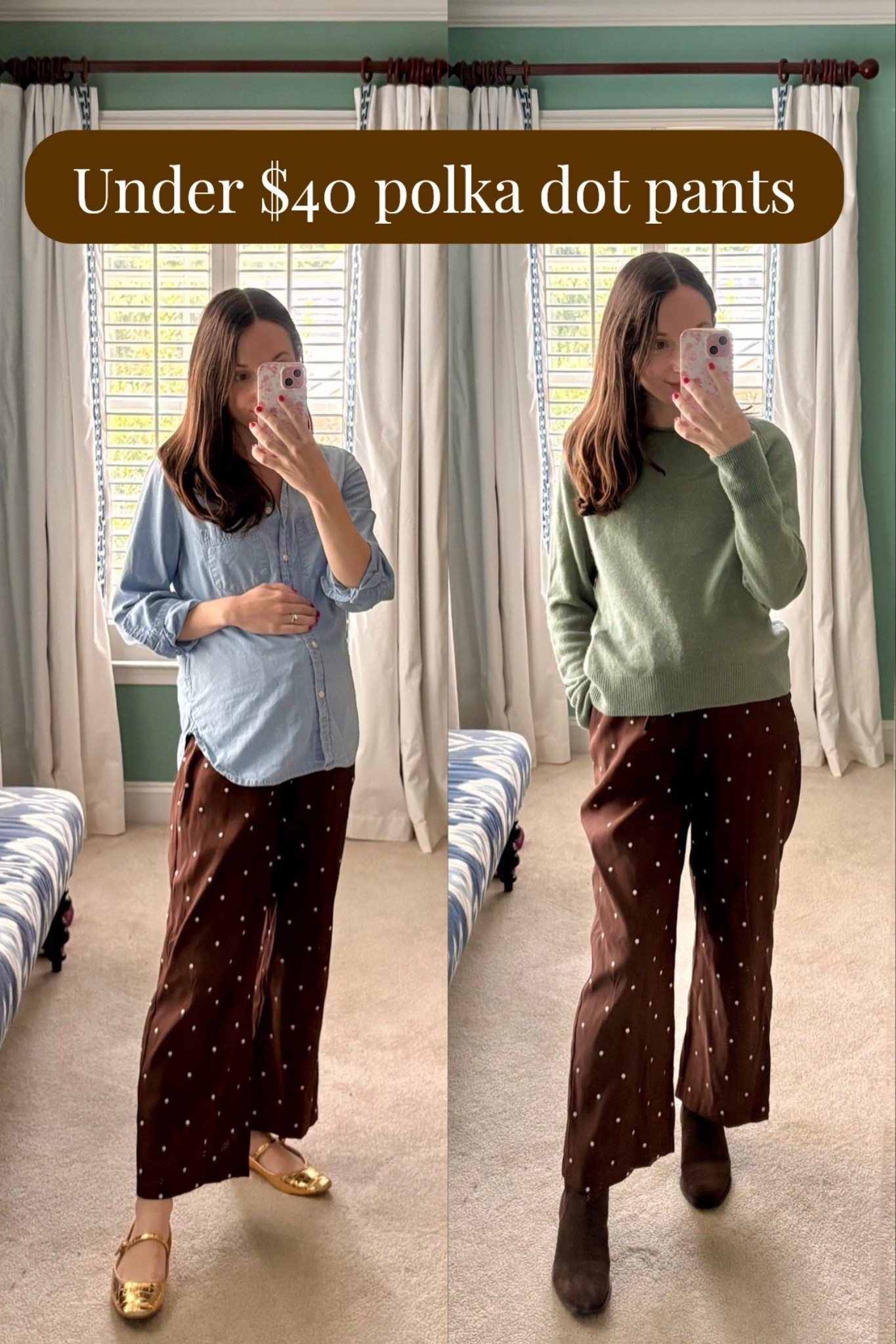 I shared them from the store earlier this week but the drawstring polka dot taffeta pants are here! They are bump friendly, I’m 22 weeks and wearing the XS. But I’m also 5’2” and they would probably be too long if I wasn’t pregnant? 
Also available in navy with red polka dots or solid burgundy
@Target

#LTKBump