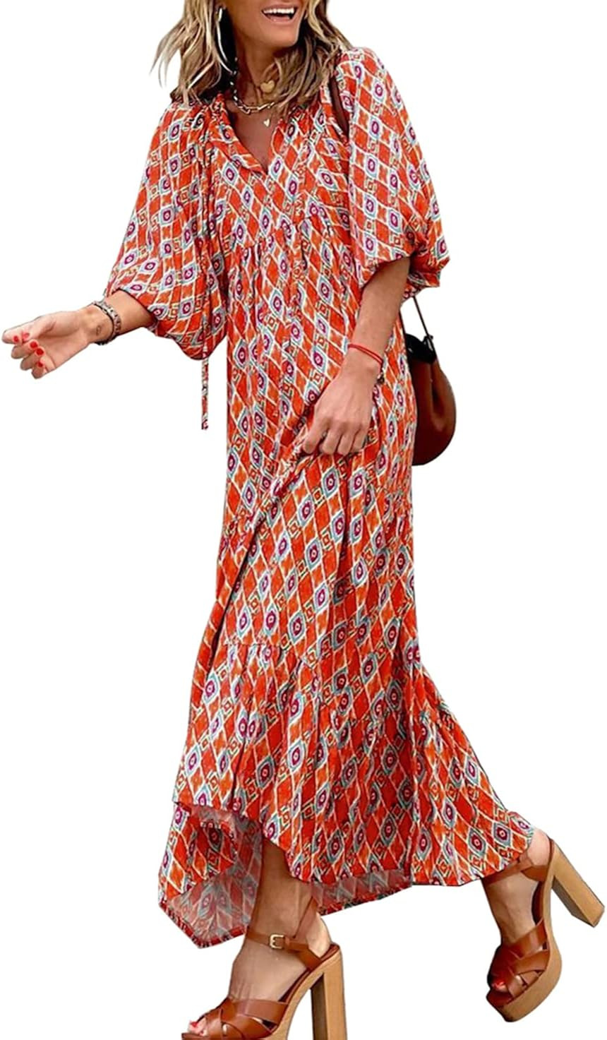 miduo Womens Loose Fit Casual Summer V Neck Half Sleeve Bohemian Geometric Pattern Maxi Long Dres... | Amazon (US)