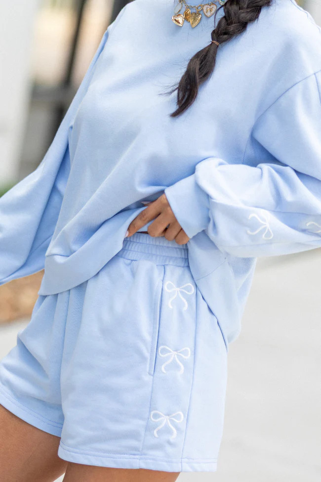 Just Imagine It Light Blue Bow Knit Shorts SALE | Pink Lily