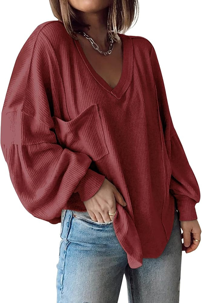 Casual V Neck Ribbed Knitted Shirt | Amazon (US)