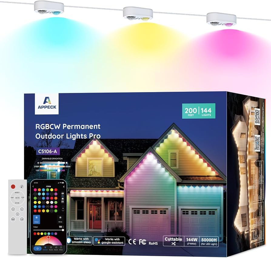 APPECK Permanent Outdoor Lights Pro 200ft, 144W RGBCW Eaves Lights with 144 LED Lights, 80lm, Cut... | Amazon (US)