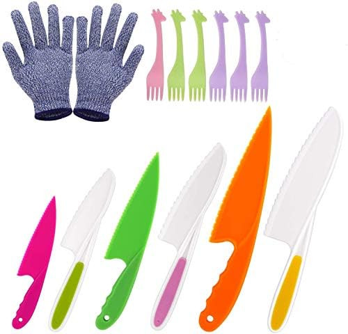 LEEFE 6 Pieces Kids Knife Set for Cooking, with Gloves and Plastic Forks, Safe Lettuce and Salad ... | Amazon (US)
