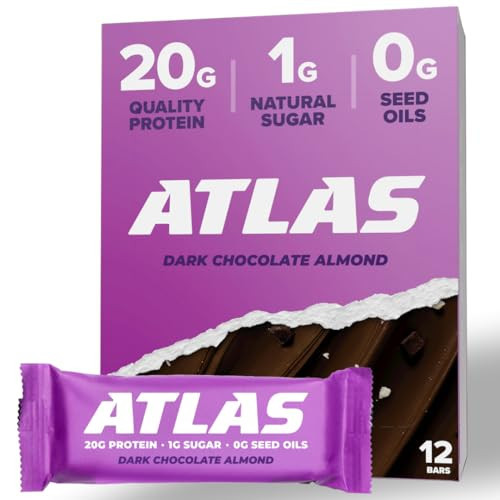 Atlas Protein Bar, 20g Protein, 1g Sugar, Clean Ingredients, Gluten Free (Dark Chocolate Almond, 12 Count (Pack of 1)) | Amazon (US)