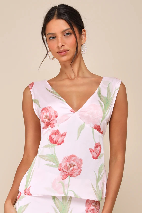 Exceptional Darling Blush Pink Floral Satin V-Neck Tank Top | Lulus