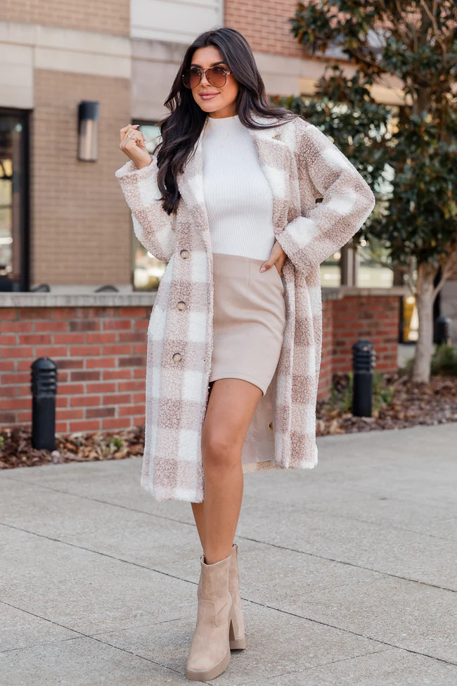 London Calling Beige Plaid Sherpa Coat | Pink Lily