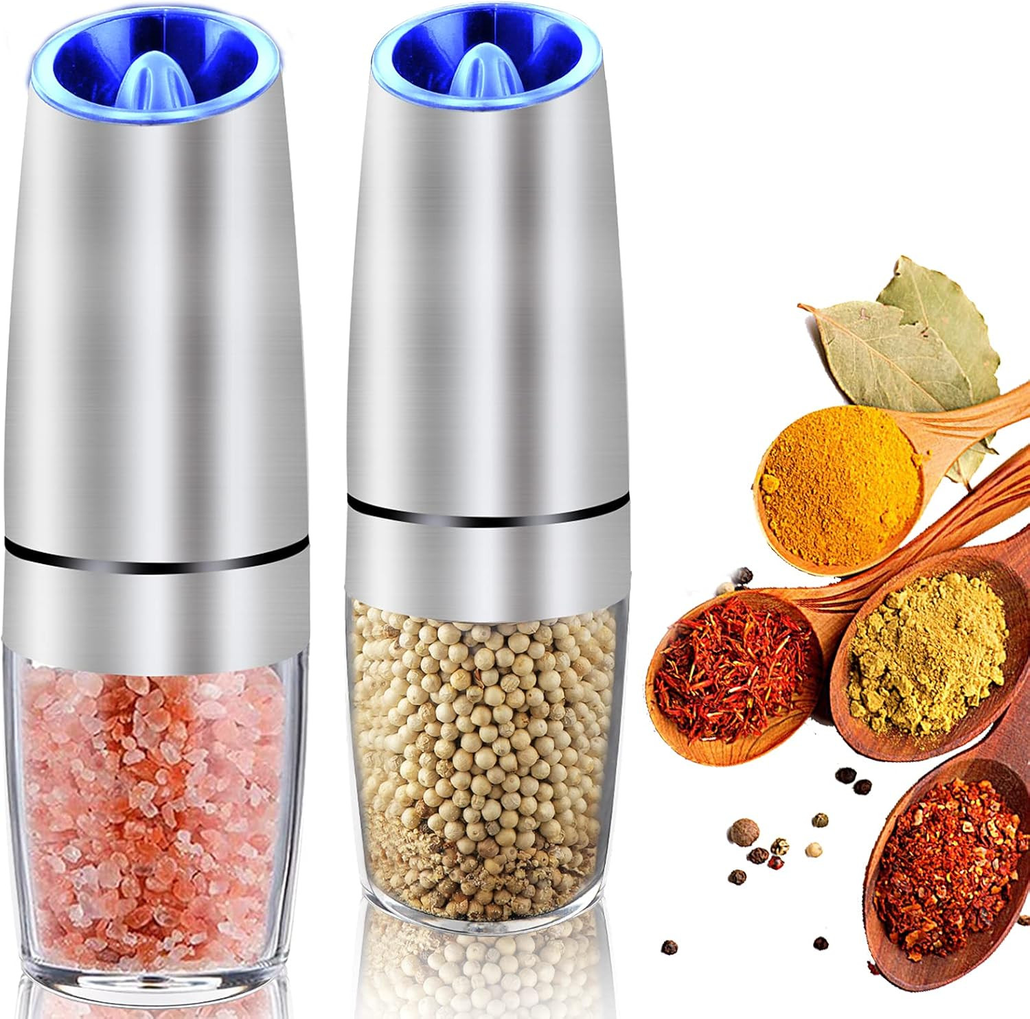 AerWo Gravity Electric Salt and Pepper Grinder Set, Pepper Grinder Electronic with Blue LED Light... | Amazon (US)