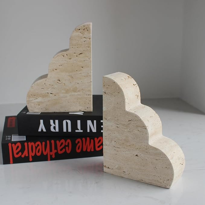 Luxury Beige Travertine Bookends for Shelves, Scalloped Decorative Book Ends for Heavy Books, Sol... | Amazon (US)