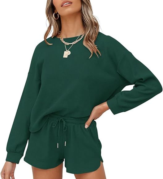 ZESICA Women's Waffle Knit Long Sleeve Top and Shorts Pullover Nightwear Lounge Pajama Set with P... | Amazon (US)