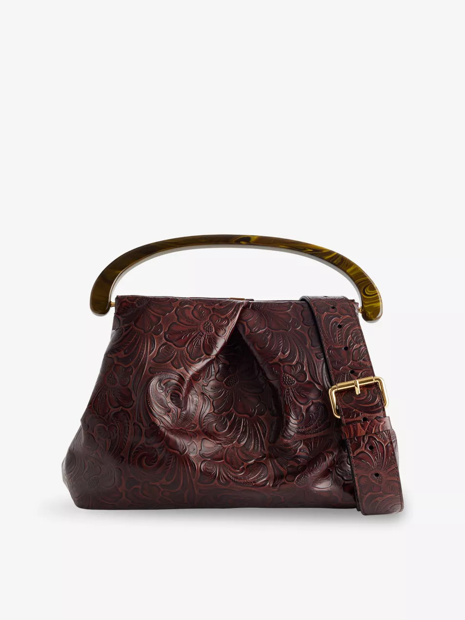 Flower-Embroidered Pleated Leather Top-Handle Bag | Selfridges