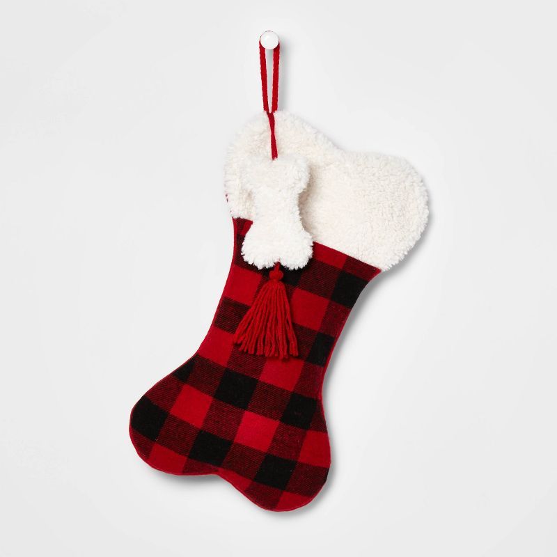 Buffalo Plaid Dog Bone Pet Christmas Stocking with Sherpa Cuff Red/Black - Wondershop™ | Target