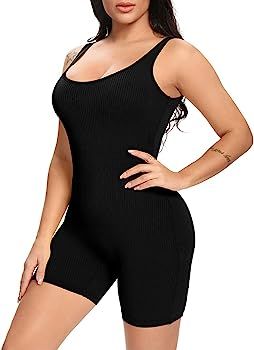 Amazon.com: Fanuerg Women's Sexy Sleeveless Ribbed Bodycon Tank Top Rompers One Piece Short Jumps... | Amazon (US)