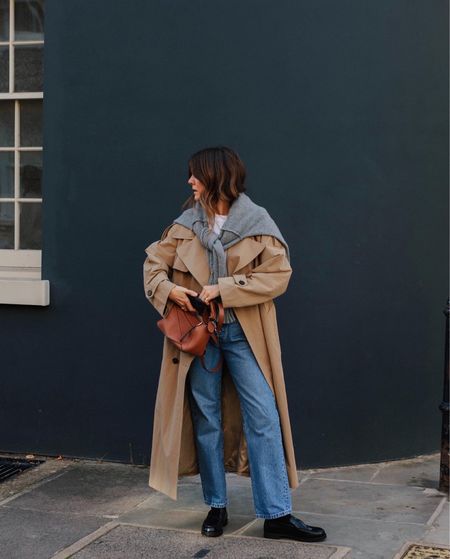 Classic autumn outfit #jigsaw trench #levis jeans #loewe bag and #frame loafers 