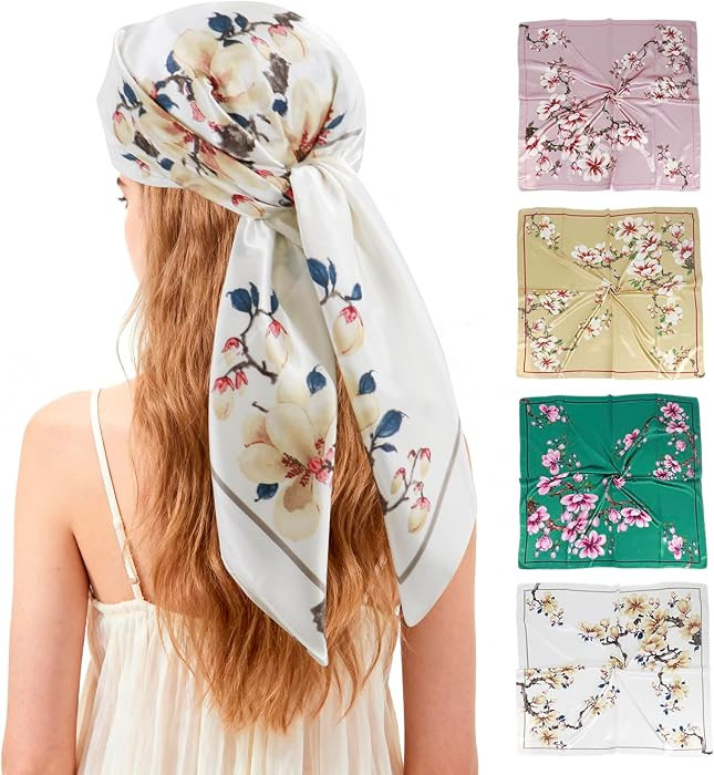 Ciormis 35" Silk Head Scarf for Women, 4 Pcs Satin Hair Scarf Square Silk Bandana Top Neck Scarve... | Amazon (US)