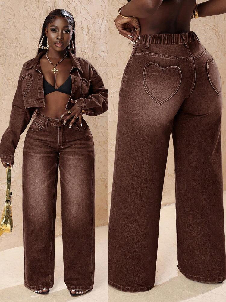 Slaydiva Plus Size Brown Jeans For Women,90s Winter Night Out Club Solid Elastic Waist Baggy Wide... | SHEIN