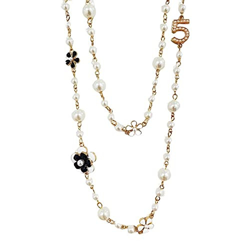 Fashion Jewelry Designer Pearl Camellia Necklace for Women Number 5 Long Double Stranded Necklace Birthday or Holidays Gifts | Amazon (US)