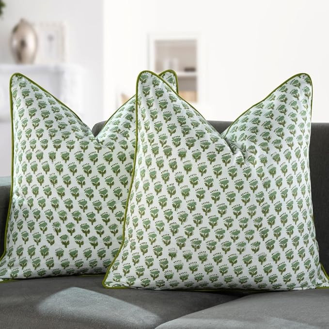CPC 100% Cotton Throw Pillow Covers 24x24 Inch, Set of 2 Green Block Print Pattern Couch Pillow, ... | Amazon (US)