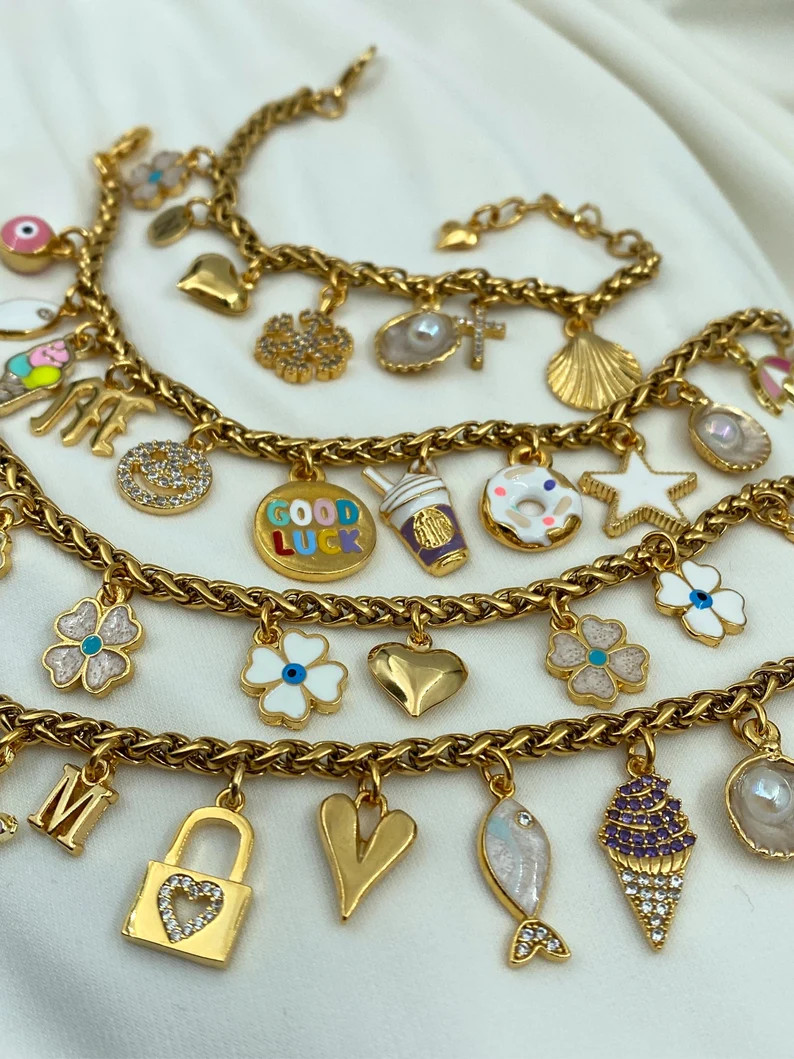 Charm Bracelet,Custom Initial Charm Bracelet,Gold Charm Bracelet for Women,Adjustable Bracelet,Ch... | Etsy (US)