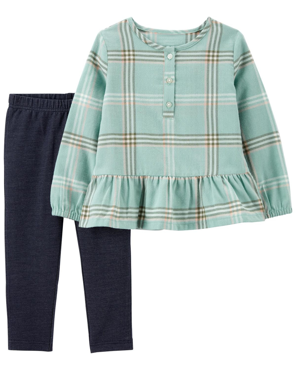 Green Plaid Toddler 2-Piece Babydoll Shirt & Knit Denim Pant Set | carters.com | Carter's