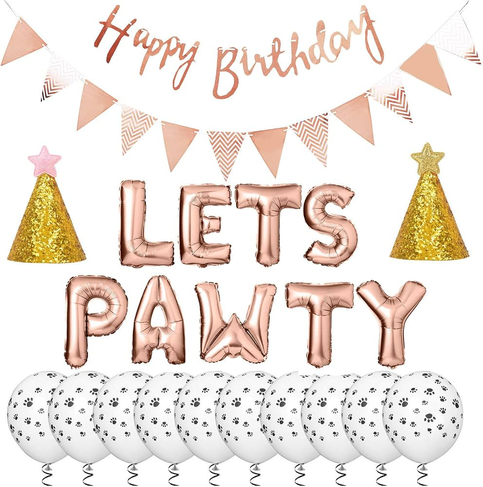 Legendog Dog Birthday Party Supplies Dog Paw Print Balloons Cat Birthday Hat Happy Birthday Banner Foil Balloons Lets Pawty Letters Balloons Decorations (Rose Gold) | Amazon (US)
