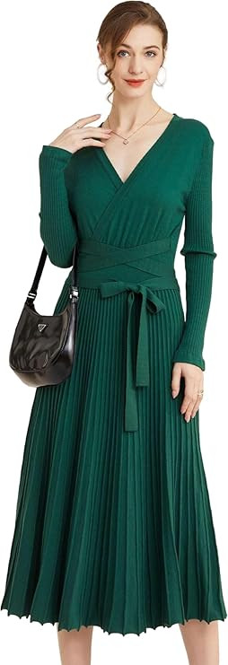 RanRui Womens Winter Fall Pleated Knitted Fit and Flare Long Sleeve Sweater Dress | Amazon (US)