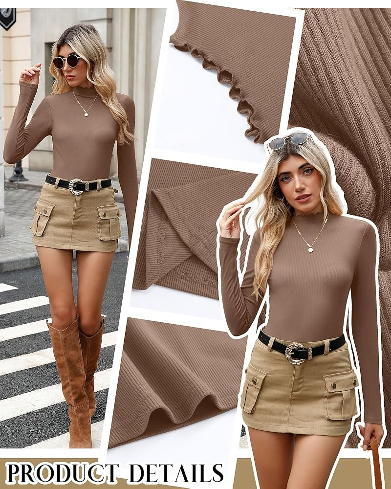 3 Pack Women's Cotton Long Sleeve Mock Turtleneck Tops Ribbed Lettuce Trim Slim Fit Shirts Therma... | Amazon (US)