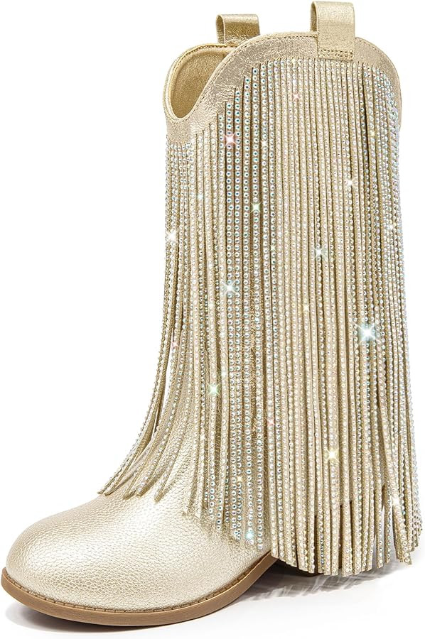 Rhinestone Fringe Cowgirl Boots for Girls Mid Calf Pointed Toe Cowboy Boots for Toddler Little Bi... | Amazon (US)