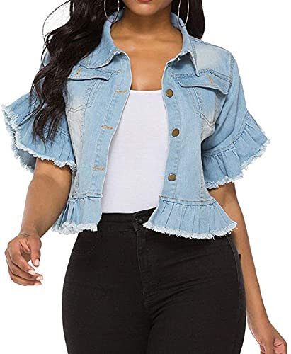 vunahzma Women's Denim Jacket Button Down Distressed Ruffle Sleeve Crop Jean Jackets Coat Light Blue(Light Blue XL) | Amazon (US)