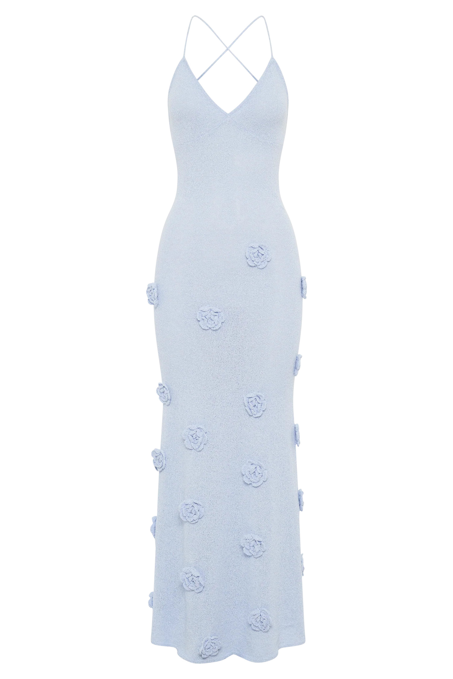 Knit Maxi Dress With Flowers - Light Blue | MESHKI US