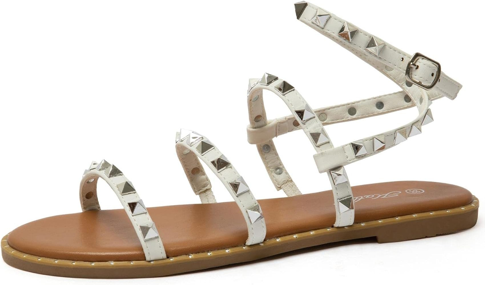 Katliu Women's Flat Sandals Strappy Studded Sandals Gladiator Sandals with Ankle Strap | Amazon (US)