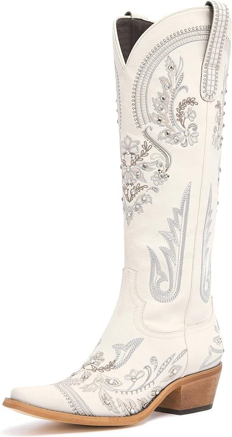Western Cowboy Boots for Women Embroidered Rhinestones Knee High Cowgirl Boots Pointed Toe Chunky... | Amazon (US)
