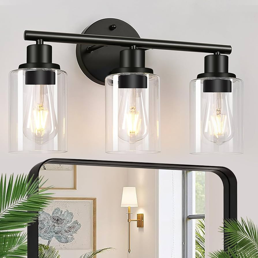 3-Light Bathroom Light Fixtures, Black Bathroom Wall Lights, Modern Bathroom Vanity Light with Cl... | Amazon (CA)